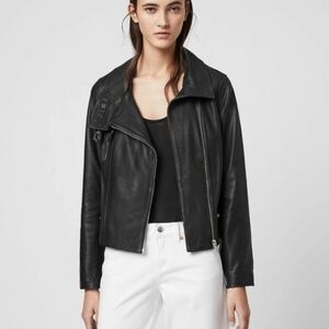 All Saints Bales Lambskin Leather Soft Black Moto Jacket US 10